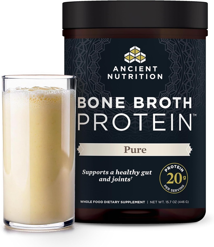 Antiguo Grass de Nutrición Fed " Cage Free Bone Broth Protein Powder, 20g Protein Por Serving, Hidrolyzed Collagen Peptides, Glucosamine, Condroitin, soporta la salud conjunta " Gut, Pura, 20 Serviciones