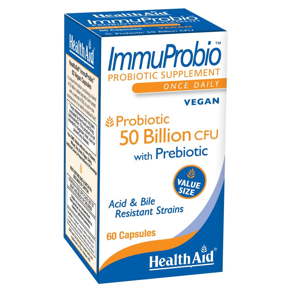 HealthAid ImmuProbio 60 Caps - 50 Billion CFU con Prebiótico, Once Daily, Acid &amp; Bile Resistant Strains, Vegan
