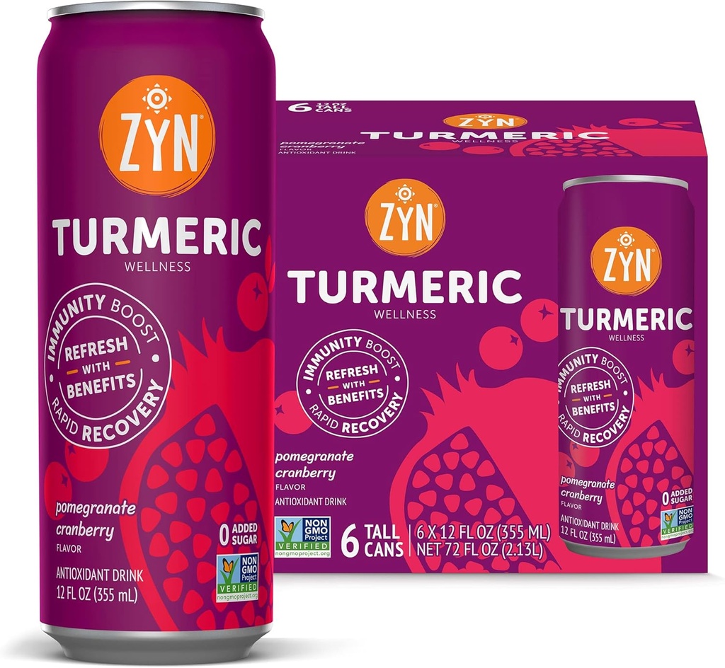 ZYN Turmeric Wellness Drink (6 Pack), Pomegranate Cranberry Flavored Turmeric Curcumin Drink with Black Pepper, No Añadido Sugar, Low Carb & Low Calorie Drink, Clean Alternative