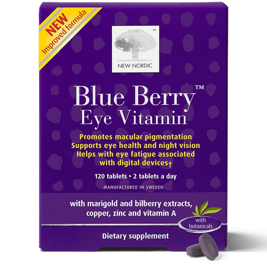 NUEVO NORDIC Blue Berry Eye Vitamin Lutein Suplemento con Zinc, soporta la pigmentación macular, la función de vista y visión, 120 Tablets (Pack of 1)