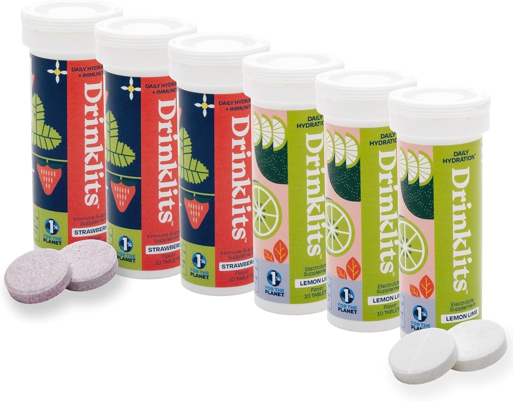 Bebidas Lime Electrolyte Hydration & Strawberry Immunity Tablets (6) Tube Combo Pack ¦ Great Taste – Gluten Free – Daily Use 60 Servings (10 Tablets Por Tube)