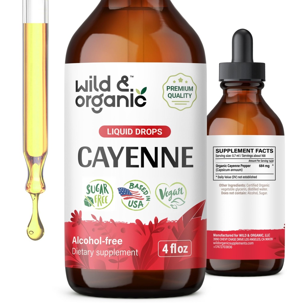Wild &amp; Organic Cayenne Pepper Tincture - Asistencia Digestiva con extracto de Capsaicina - Cayenne Pepper Liquid Drops for General Well-Being - Vegan, Azúcar &amp; Alcohol-Free - 4 fl oz