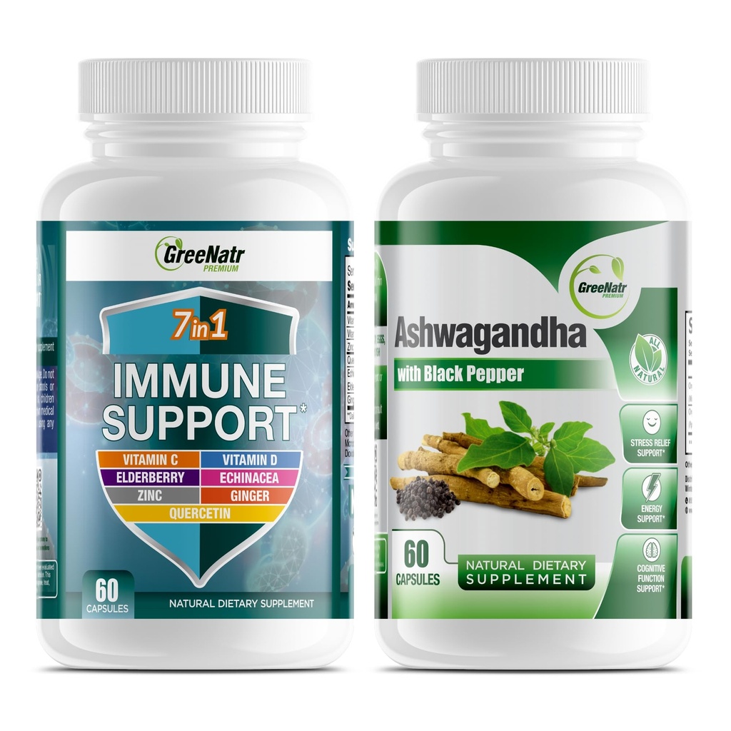 GreeNatr 7-in-1 Suplemento de Apoyo Inmunitario con Vitamina C, Vitamina D3, Zinc 50mg, Quercetina, Combinado con cápsulas de Ashwagandha Orgánica con Pepper Negro para la absorción mejorada