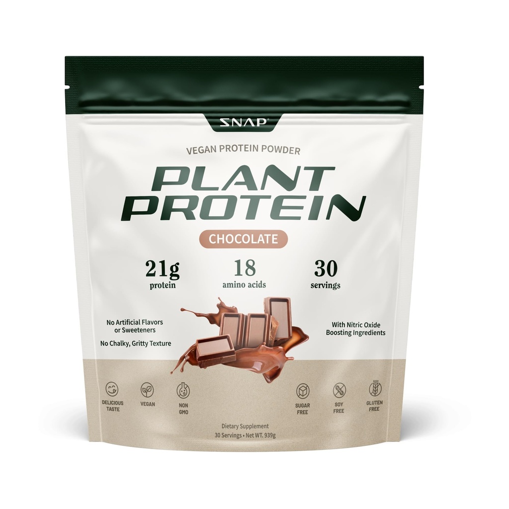 Snap Supplements Organic Plant Based Vegan Protein Powder Nitric Oxide Boosting Protein Powder, BCAA Amino Acid for Muscle Growth, Performance " Recovery - 30 Servings (Chocolate)