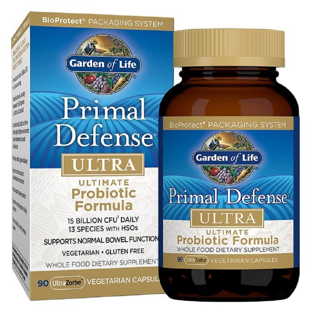 Garden of Life Probiotics for Digestive Health Balance, Primal Defense Ultra Ultimate Formula, 15 Billion CFU y 13 Strains Plus HSOs, Vegetarian y Gluten Free, 90 cápsulas