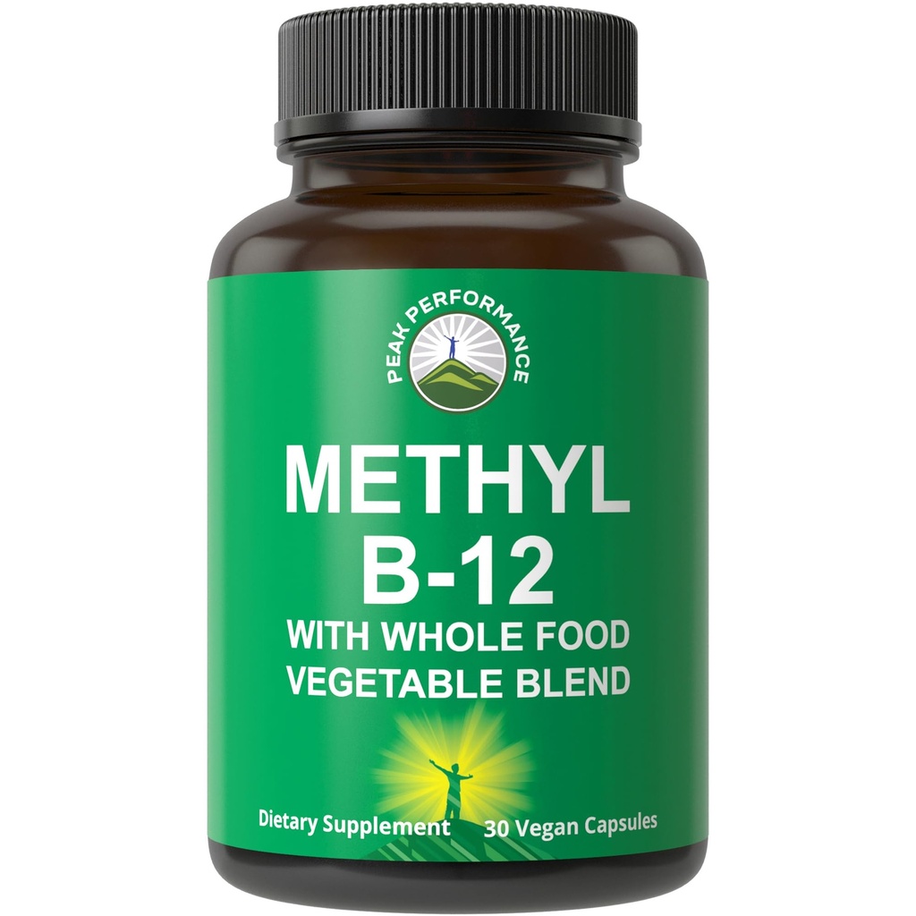 Metil B12 Vitamina + Alimento integral de 25 Verduras y Frutas para Max Absorción. Vitamina Vegana B12 Metilcobalamina - Metil B-12 Suplemento de Energía, Enfoque y Alivio. 30 días de suministro