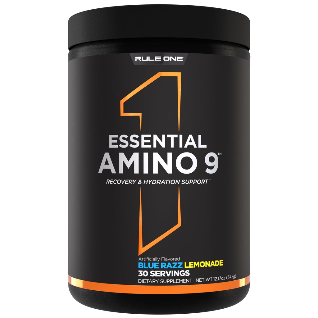Regla 1 Amino esencial 9 – Soporte de recuperación y hidratación con 7.5g de ácidos esenciales + electrolitos (30 piezas, Limonada de Razz azul)