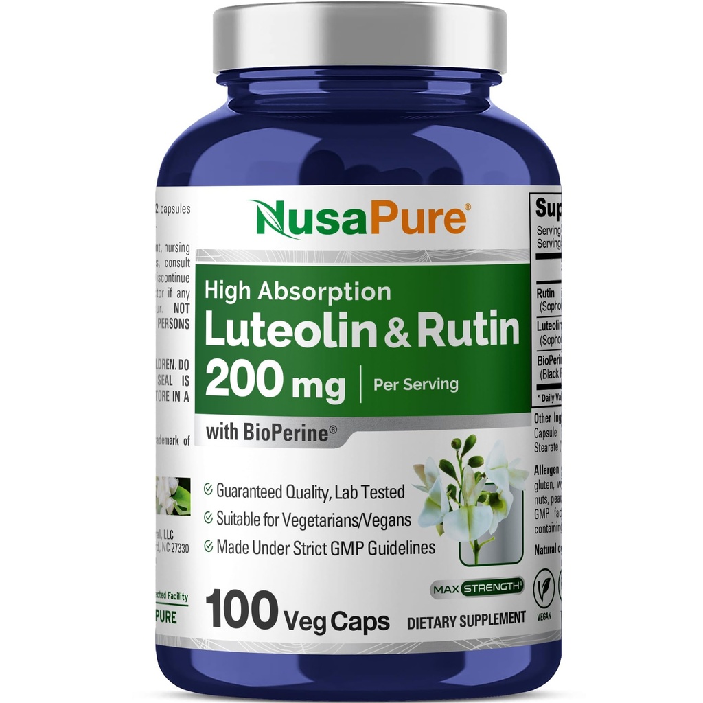 NusaPure Complejo de Luteolina con Rutina 200 mg Silencio 100 cápsulas Silencio Vegetariano, Fórmula Flavonoide Vegan