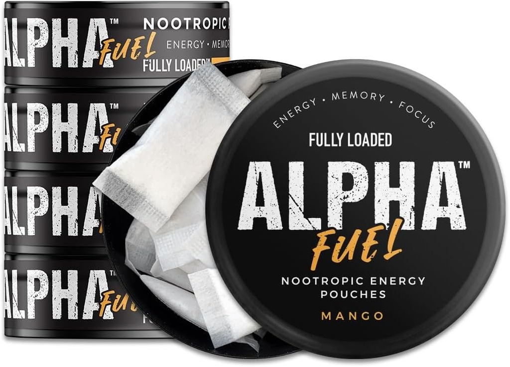 Totalmente cargado Alpha Fuel Pouches Nootropic (Mango Fuel) - 5 latas, 15 bolsas por lata - Pouches de energía que contienen Caffeine y Blend nootropic