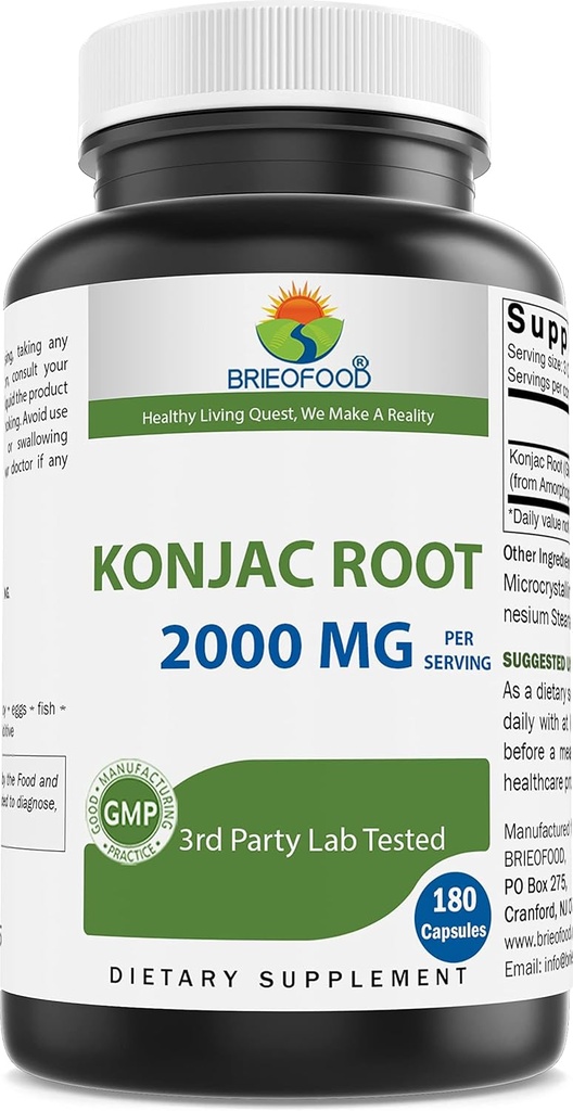 Brieofood Konjac Root Glucomannan 2000 mg por Serving - 180 cápsulas vegetarianas