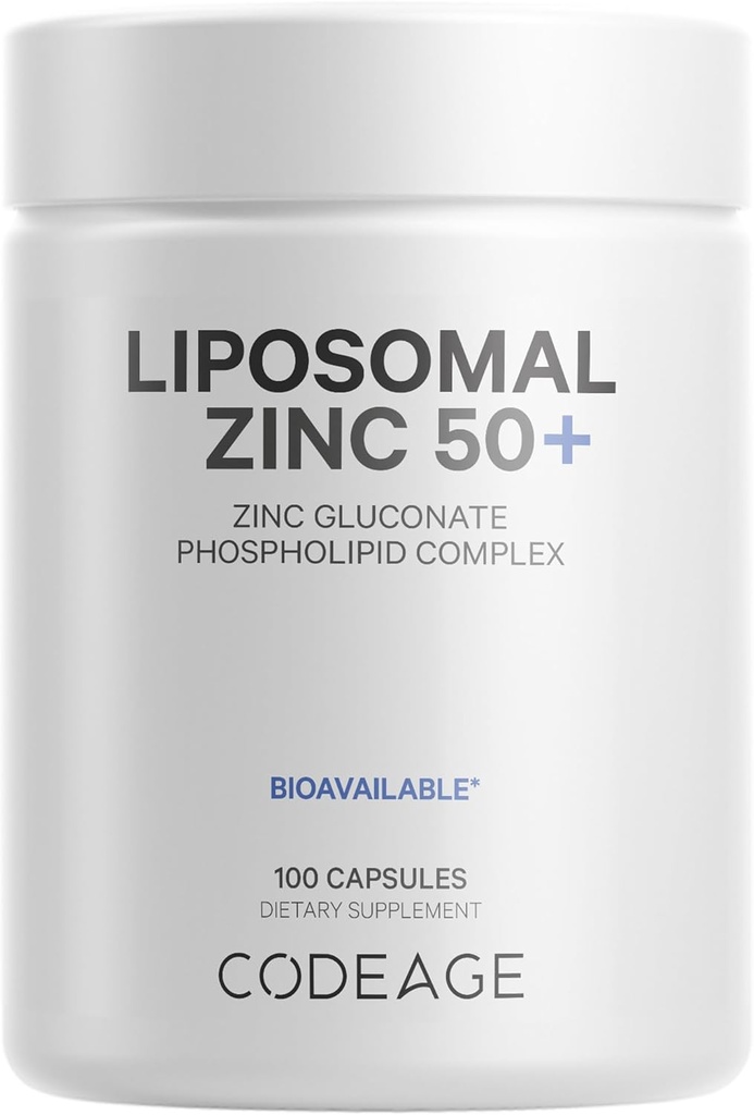 Codeage Liposomal Zinc Supplement – 3 Month Supply – One Por Day - 50 mg Zinc Gluconate Píldoras de vitaminas - Suplementos minerales esenciales Zinc Plus Matriz de Entrega Liposomal - Vegan Non-GMO - 100 cápsulas