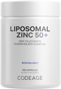 Codeage Liposomal Zinc Supplement – 3 Month Supply – One Por Day - 50 mg Zinc Gluconate Píldoras de vitaminas - Suplementos minerales esenciales Zinc Plus Matriz de Entrega Liposomal - Vegan Non-GMO - 100 cápsulas