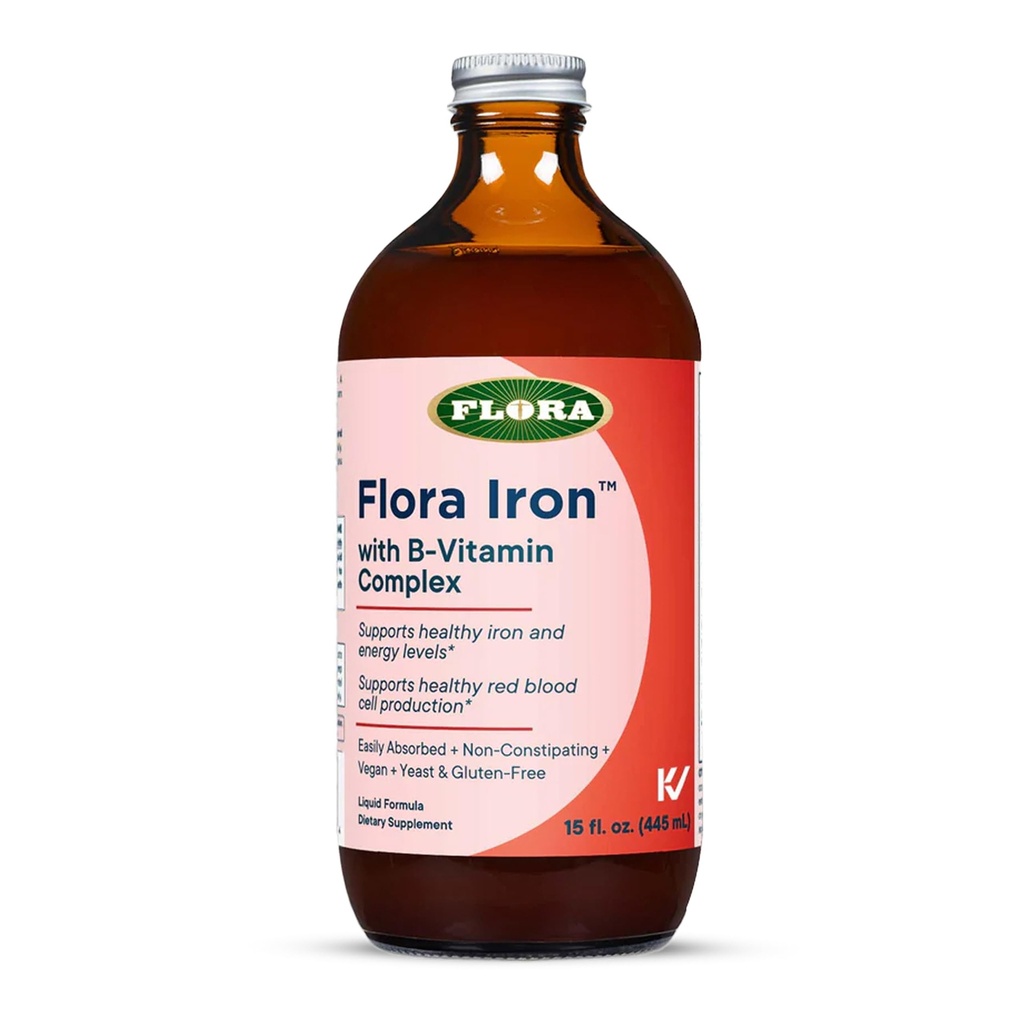Flora Iron - Suplemento de hierro líquido vegano con vitaminas B - Ofertas Red Blood Cell &amp; Energy Support - Yeast-Free - Delicious Fruit Juice Base - 15 fl. oz. Botella de vidrio