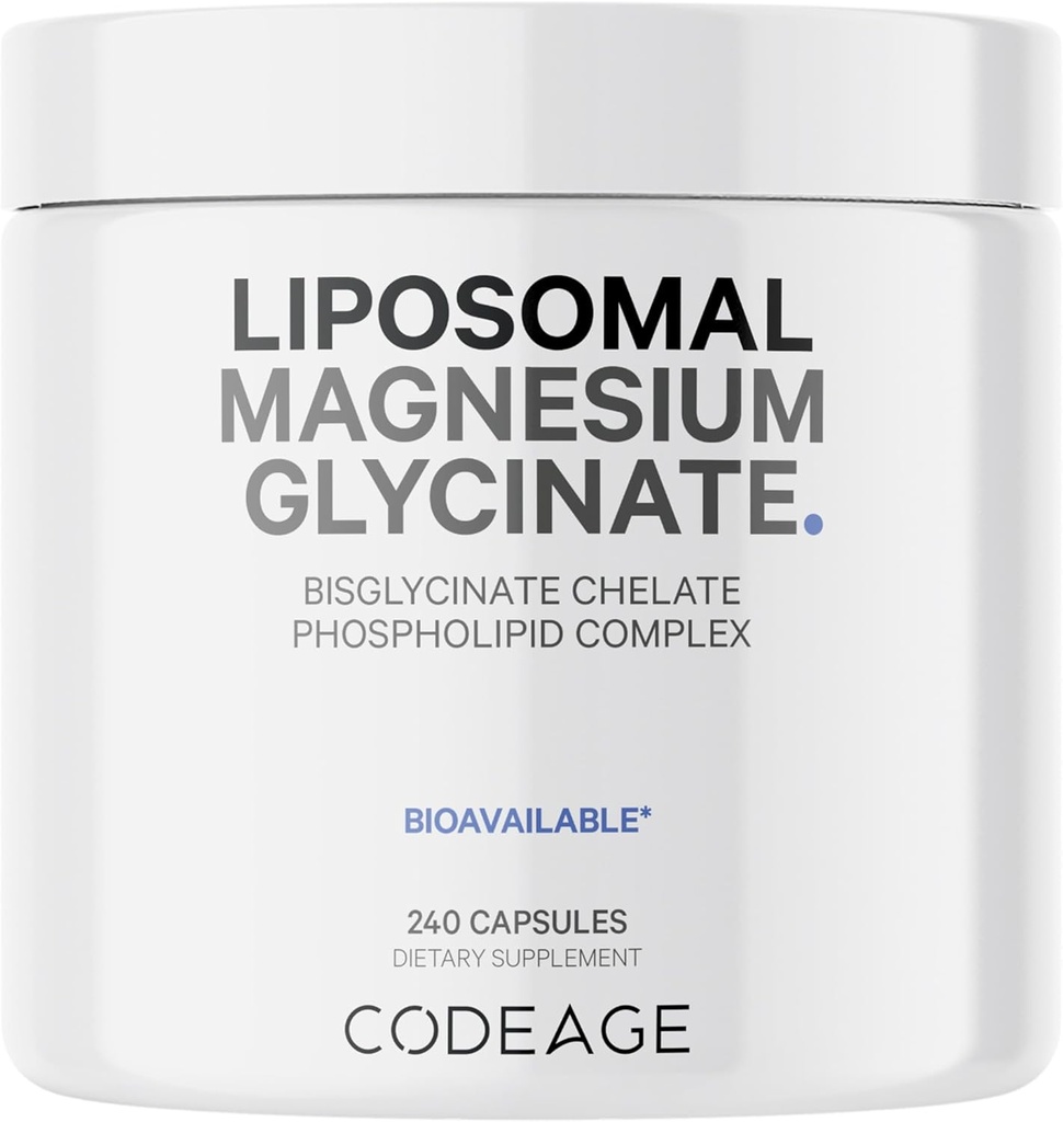 Codeage Liposomal Magnesium Glycinate Supplement, 2-Month Supply, Bisglycinate Magnesium Chelate, Chelated Magnesium Mineral Pills, BioPerine Black Pepper Vitaminas Capsules, Non-GMO Vegano, 240 ct