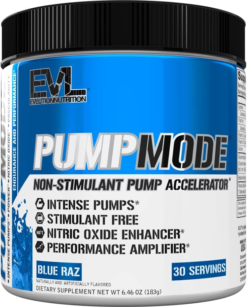 EVL PumpMode Nitric Oxide Supplement - Nitric Oxide Booster Pump Pre Workout Powder con glicerol y betaine para la recuperación muscular Crecimiento y resistencia - Estim Free Pre Workout Drink (Blue Raz)