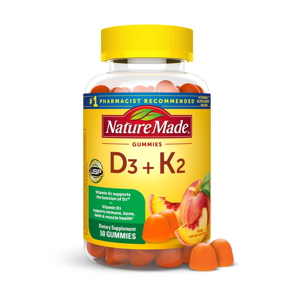 Nature Made Vitamin D3 K2 Gummies, Vitamin D 5000 IU Per Serving for Bone, Teeth, Muscle and Immune Support, 50 Gummy Vitamins, 25 Day Supply