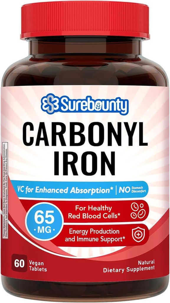 Carbonil Iron, con Vitamina Natural C, Gentle on The Stomach, High Absorption, for Red Blood Cell Function, Energy Support, Vegan, 60 Tabs