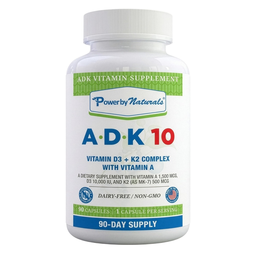 Power By Naturals ADK 10 Vitamin Supplement – Vitamins A, D3 & K2 MK-7 for Bone, Heart & Immune Health – Gluten-Free, Soy-Free – 90 Capsules (3-Month Supply)