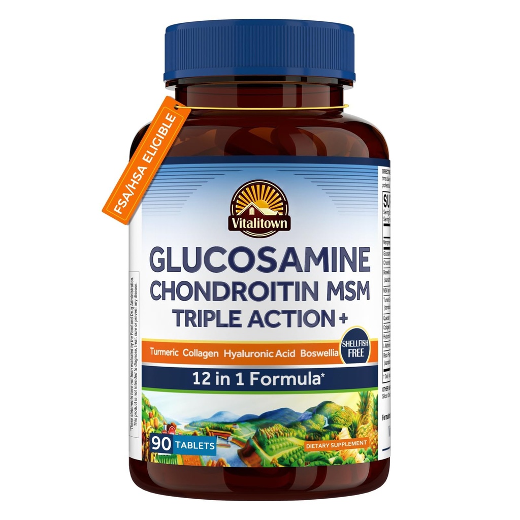 Vitalitown Glucosamine Chondroitin MSM ANTE Collagen, Boswellia, Turmeric, Hyaluronic Acid, Bromelain ANTE Triple Action+ Fórmula TEN 12 Ingredientes TEN 90 Tablets, No Shellfish