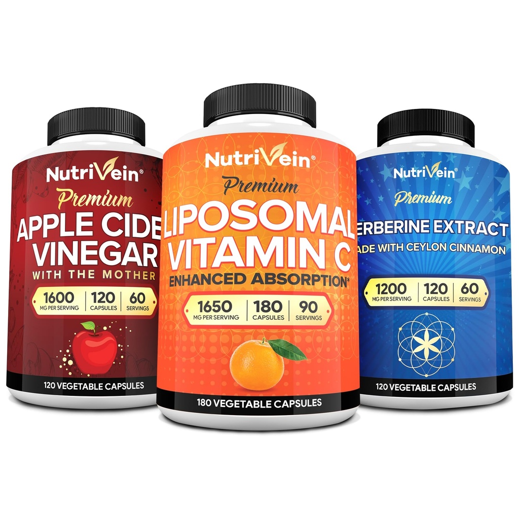 Nutrivein Premium Berberine, Apple Sider Vinegar, & Liposomal Vitamina C Suplemento Bundle: High-Absorption Vitamin C Capsules, ACV Capsules, & Berberine Supplement for Wellness & Immunity