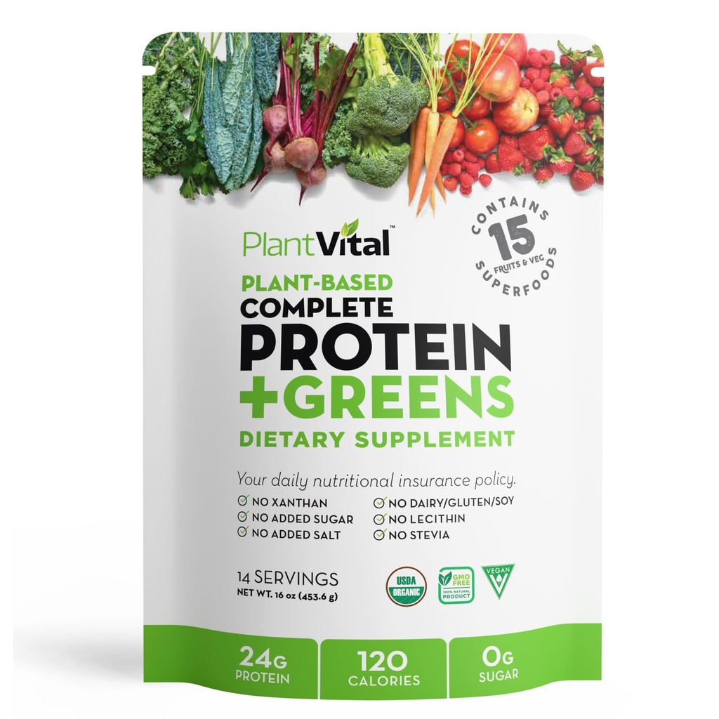 Polvo de proteína orgánica vegetal desarmado - 15 Superalimentos, verduras y probióticos - Polvo de proteína orgánica de base vegetal - Todos los BCAA, Gluten Free - 16oz -1 Pouch