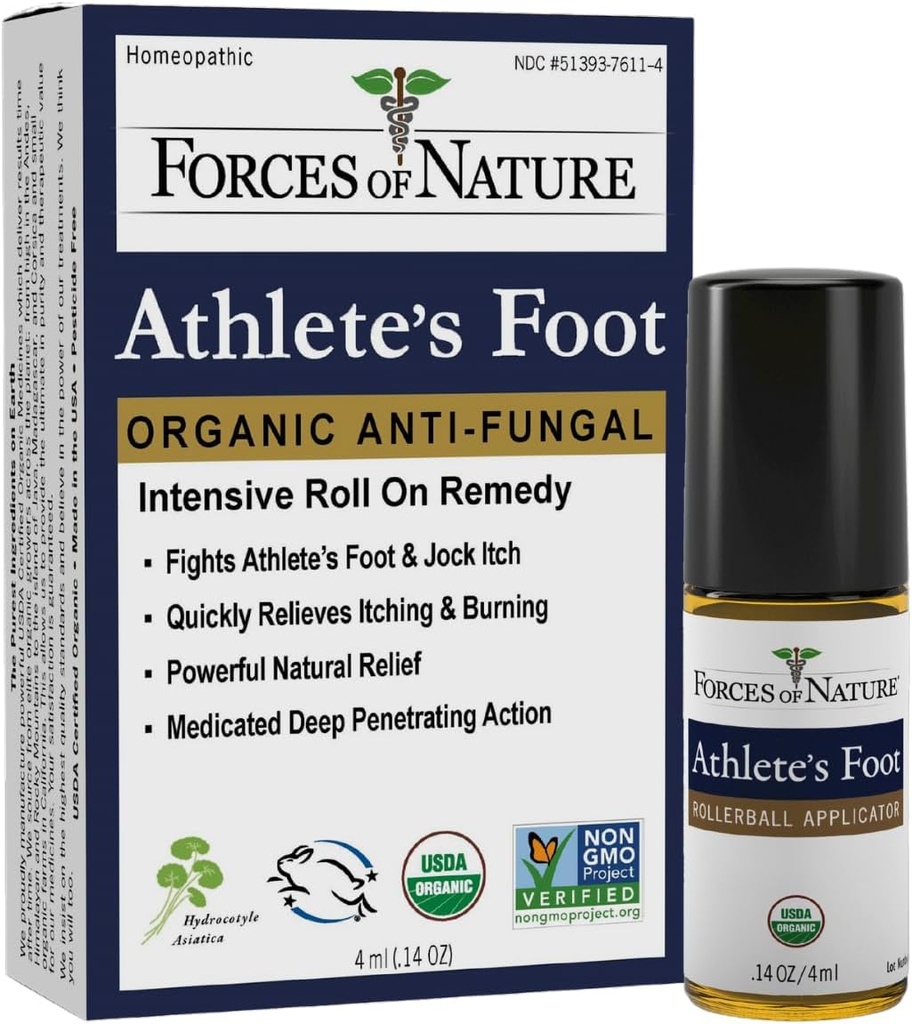 Fuerzas de la Naturaleza – Tratamiento del pie natural del atleta orgánico (4ml) No GMO, Sin productos químicos perjudiciales, sin crueldad – Alivios antifúngicos quemando, picazón, atracción causada por AF, Jock Itch y Ringworm