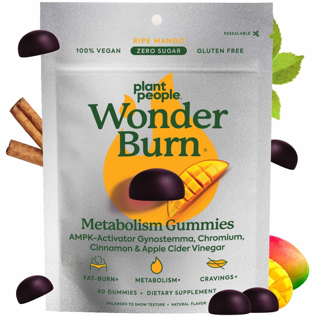 Plant People WonderBurn Metabolism " Cravings Control Gummies, Zero Sugar, Ripe Mango Flavor (60 Conde)