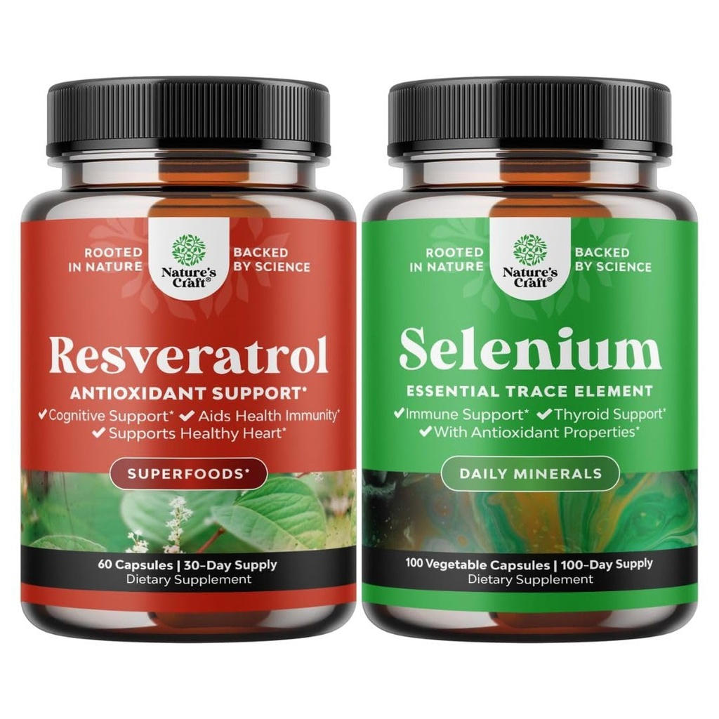 Bundle of Anti Aging Trans Resveratrol and Pure Selenium Thyroid Support Supplement - Natural Joint Support Supplement - Natural Immune Booster for Adults