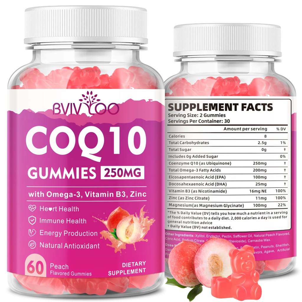 CoQ10 sin azúcar 250mg, Plus Omega-3, Vitamina B3 " Zinc, Magnesio - Coenzima de alta absorción Q10 Suplementos para la salud del corazón, energía celular, " Apoyo antioxidante, 60 Condes