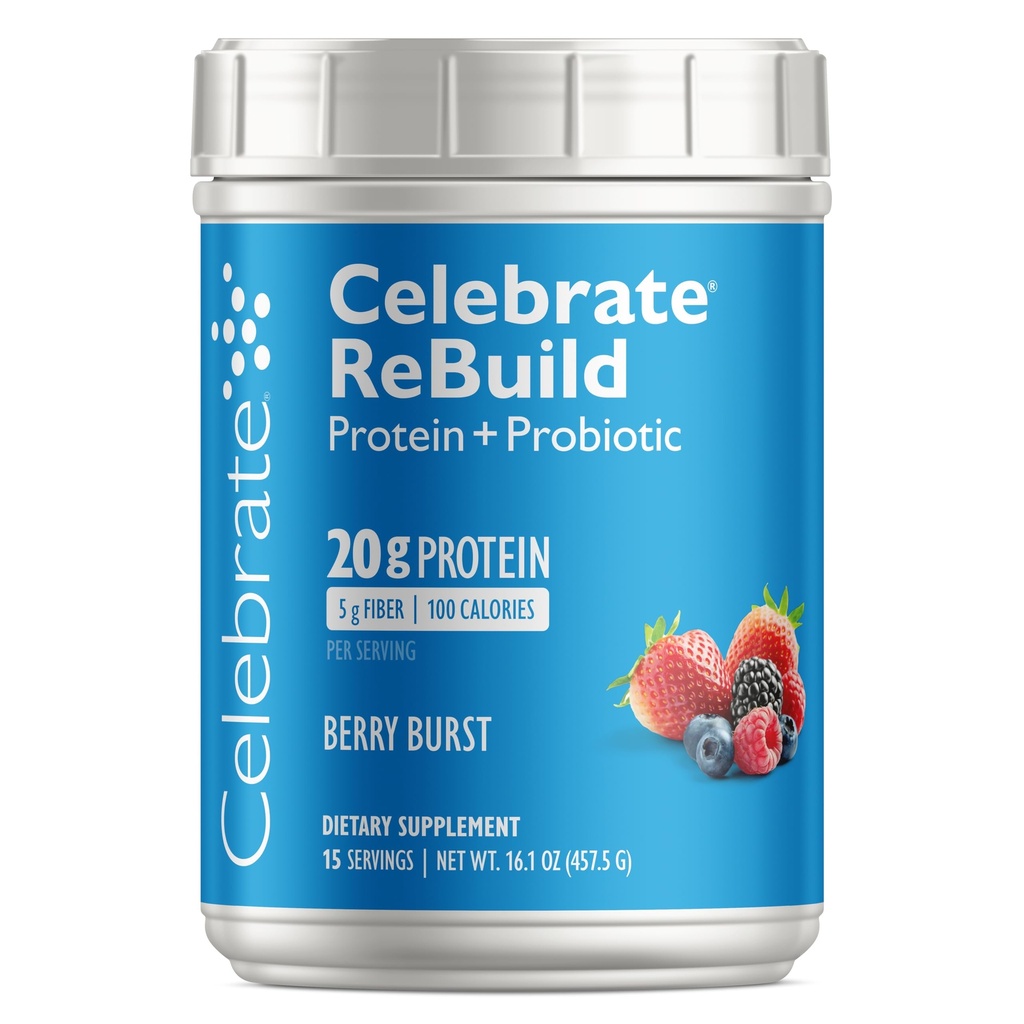 Celebrar vitaminas Rebuild pólvora de proteína con probióticos " Prebióticos - 20g Whey Isolate Proteína, fibra alta, para pacientes de cirugía post-bártrica - Berry Burst (15 Servimientos)