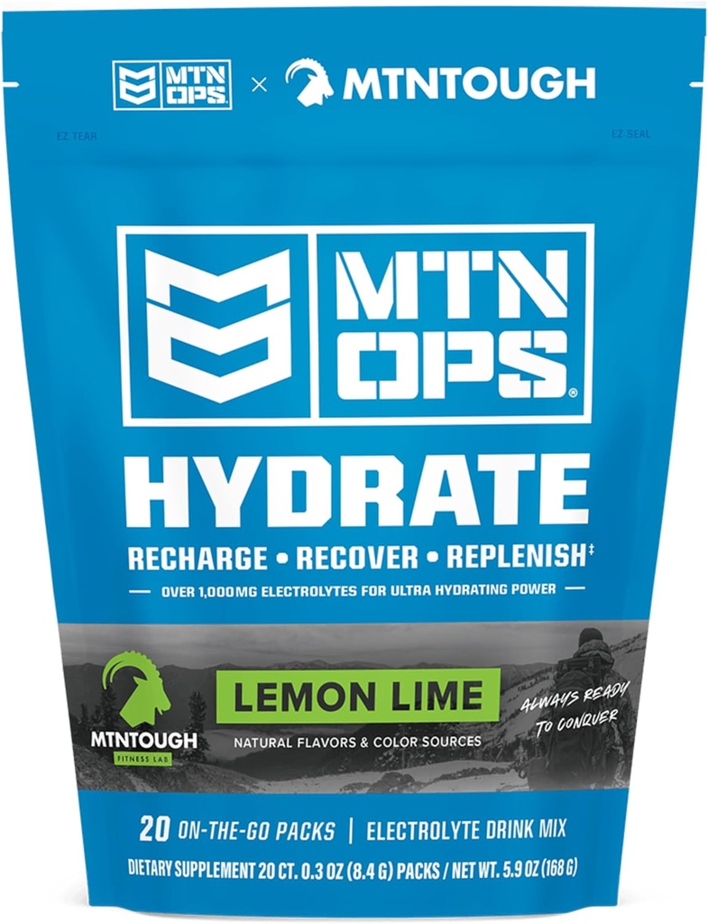 MTN OPS Hydrate Electrolytes Powder Drink Mix, 20 Single Serving On-The-Go Electrolyte Packs con más de 1000 mg de electrolitos por Serving, Lemon Lime