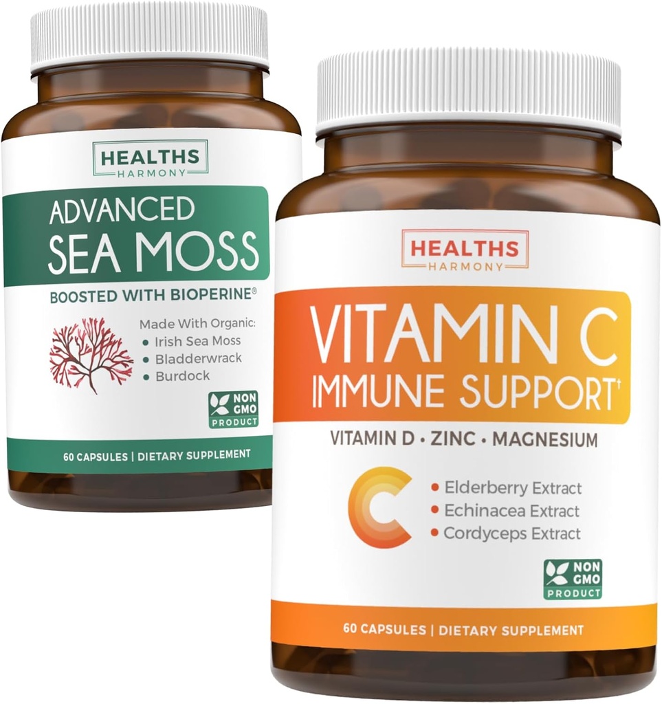 Bundle of Vitamin C Immune Support ' Irish Sea Moss - Refresh & Revive Set - Vitamina C Immune Support with Zinc (60 Veg Capsules) & Irish Sea Moss with BioPerine (No-GMO & Organic) - 60 caps