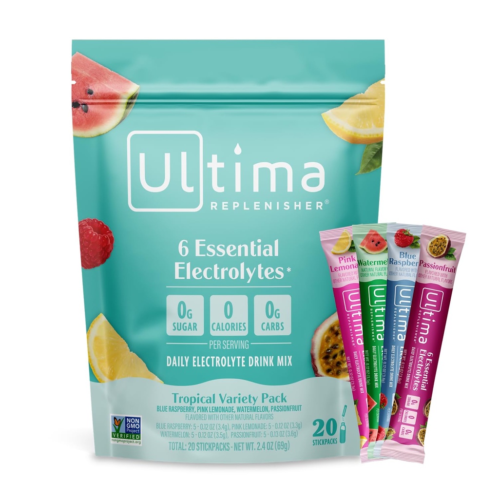 Ultima Replenisher Daily Electrolyte Powder Drink Mix – Sugar Free – Tropical Variety, 20 Stickpacks – Hydration Packets con 6 electrolitos y minerales – Keto Friendly, Non-GMO