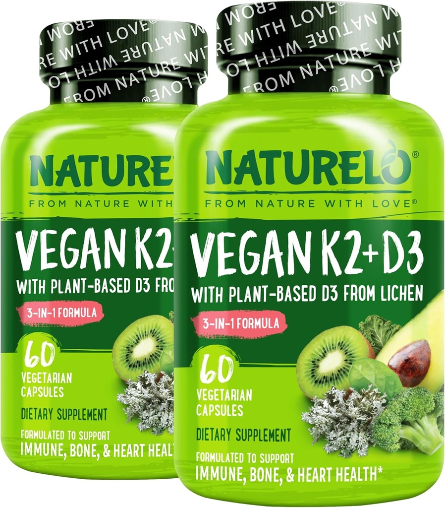 NATURELO Vitamina D3 K2 - Vegan K2+D3 con base vegetal D3 de Lichen - Natural D3 Suplemento para el sistema inmunológico, soporte de huesos, salud cardíaca - alimentación completa - no GMO - Gluten Free, 60 cápsulas (Pack of 2)