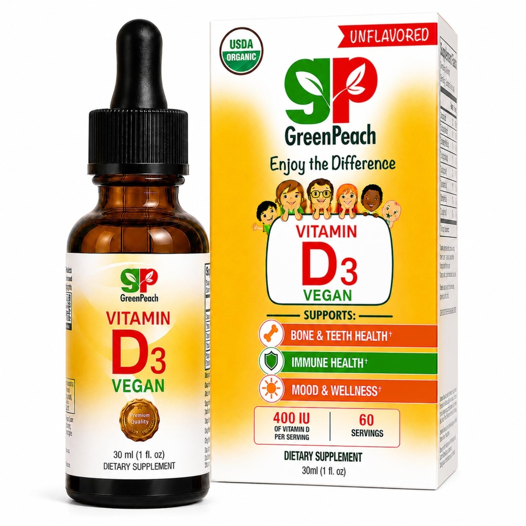 GreenPeach Liquid Vegan Vitamina orgánica D 400 a 1600 UI - D3 gotas para Toddler, Niños, Bebés &amp; Bebés, Vitamina D Baby Drops, Natural, 60 Actuaciones