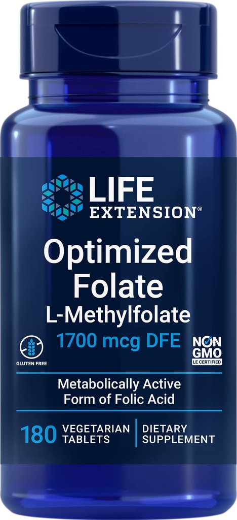 Ampliación de vida Folate optimizado (L-Methylfolate) 1700 mcg DFE, 180 Veg Tablets