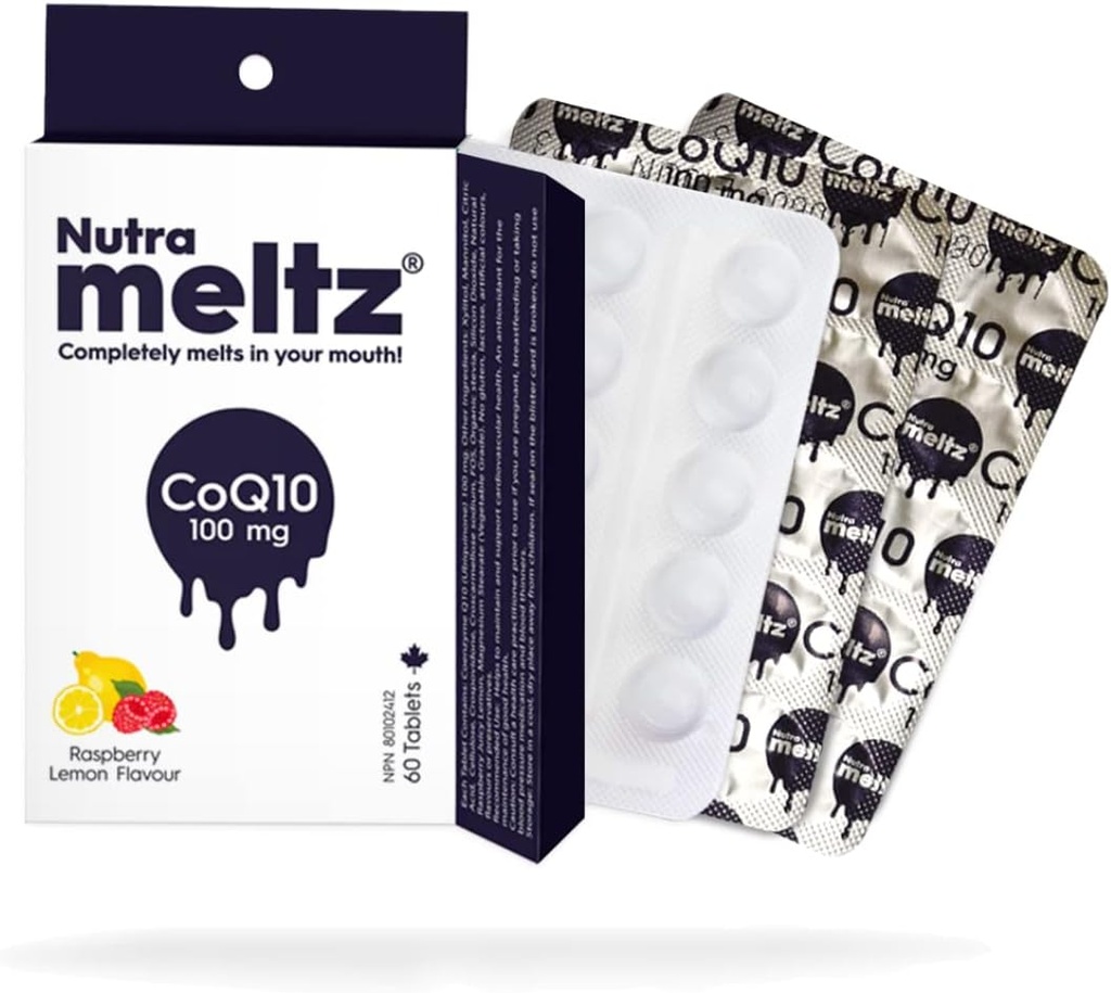 Nutra meltz CoQ10 100 mg – Coenzyme Q10 apoya la salud del corazón, aumenta la producción de energía Tablas de resolución rápida para la deficiencia de enzima – Raspberry & Lemon Flavor (60 Tablets)