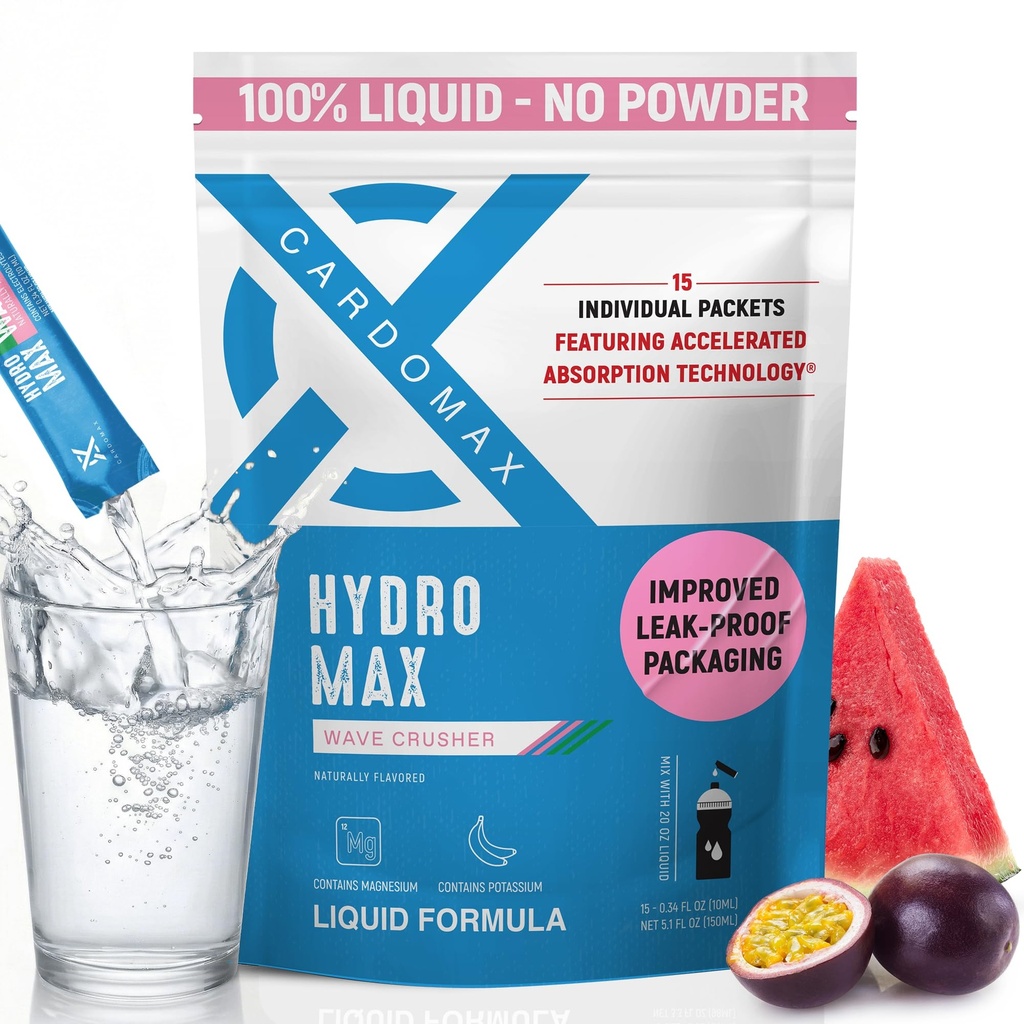 CardoMax Hydromax Electrolyte Drink Mix –Wavecrusher Flavor 15 Liquid Packets with Potassium &amp; Magnesium – Zero Sugar, Keto & Vegan Electrolytes for Rapid Hydration &amp; Recovery Supplement