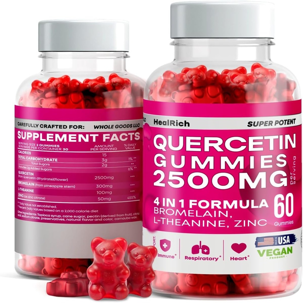 Quercetin Gummies - 2500MG Quercetin con Bromelain L-theanine & Zinc - Suplemento Puro para el Sistema Inmunitario de Pulmón y Alivios - Suplementos Veganos de Booster Inmunity para Adultos Niños - 2 Pack