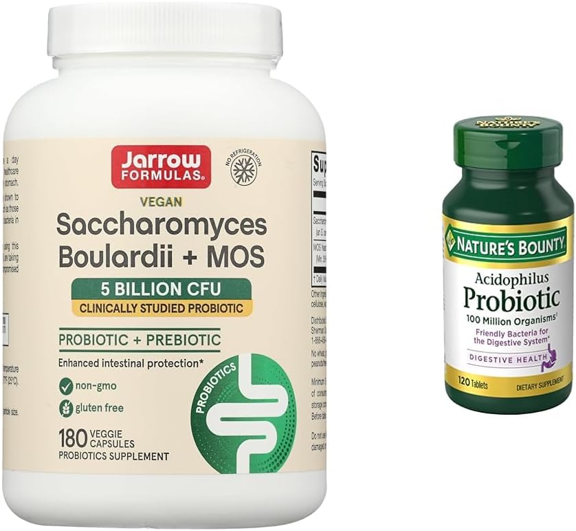 Jarrow Formulas Saccharomyces Boulardii Probiotics + MOS 5 Billion CFU Probiotic Yeast & Nature's Bounty Acidophilus Probiotic, Daily Probiotic Supplement, Supports Digestive Health, 1 Pack