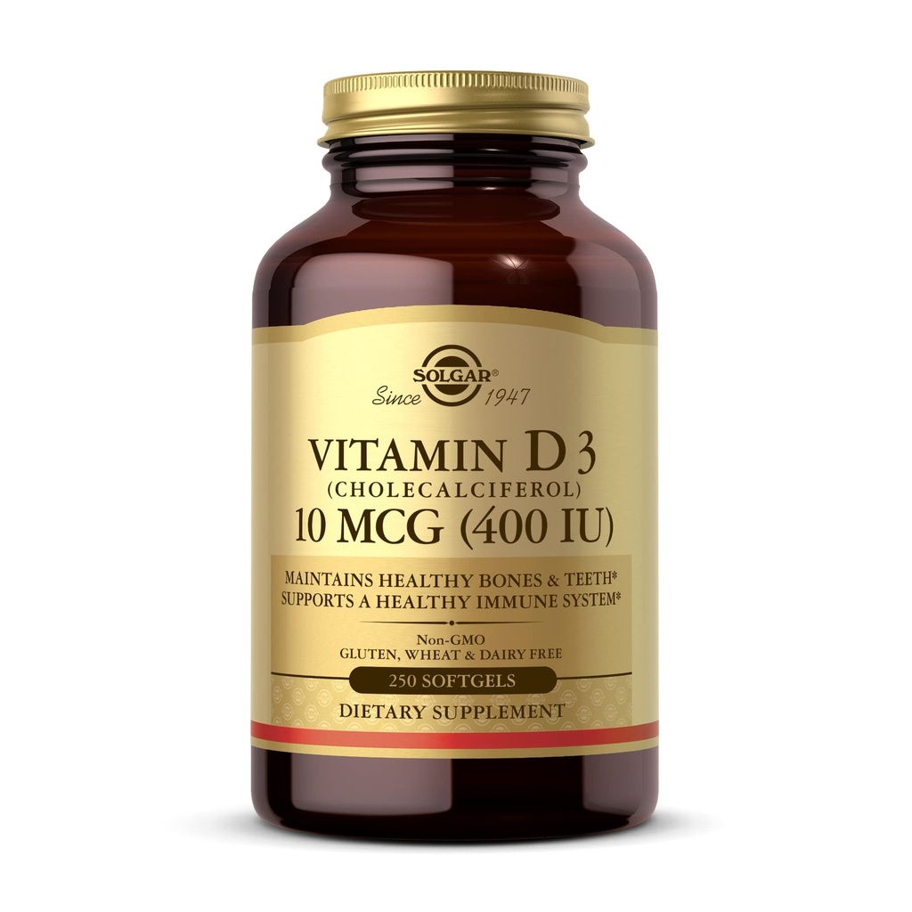 Solgar Vitamina D3 (Cholecalciferol) 10 mcg (400 UI) - 250 Softgels - Ayuda a mantener los huesos saludables " dientes - Immune System Support - Non-GMO, Gluten Free, Dairy Free - 250 Servings