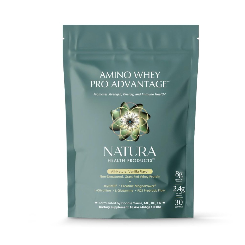 Natura Health Products Amino Whey Pro AdvantageTM - Grass-Fed Whey Protein with HMB, Creatine, L-Glutamine. Ingredientes limpios para el crecimiento muscular, recuperación (8 Gramos de proteína por escoto - 30 Servimientos)