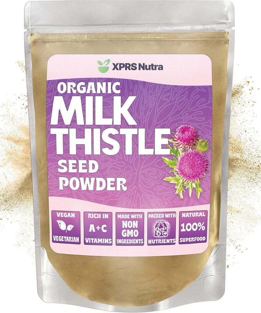 XPRS Nutra Organic Milk Thistle Seed Powder - Pólvora de Leche Premium Rico en Silymarin y Antioxidantes - Leche Esteto Semillas Apoyo Salud del Hígado - Vegan Friendly Milk Thistle Orgánico (8 onzas)
