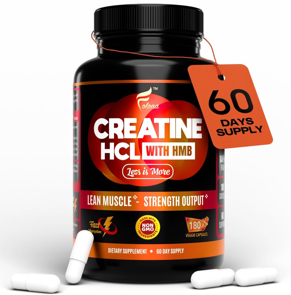 Cápsulas de HCL con HMB - Suplemento de entrenamiento para hombres y mujeres, constructor de músculo, resistencia, fuerza, superior al monohidrato: instantánea para Max Absorción, sin carga, sin rubor, 180 cápsulas veganos