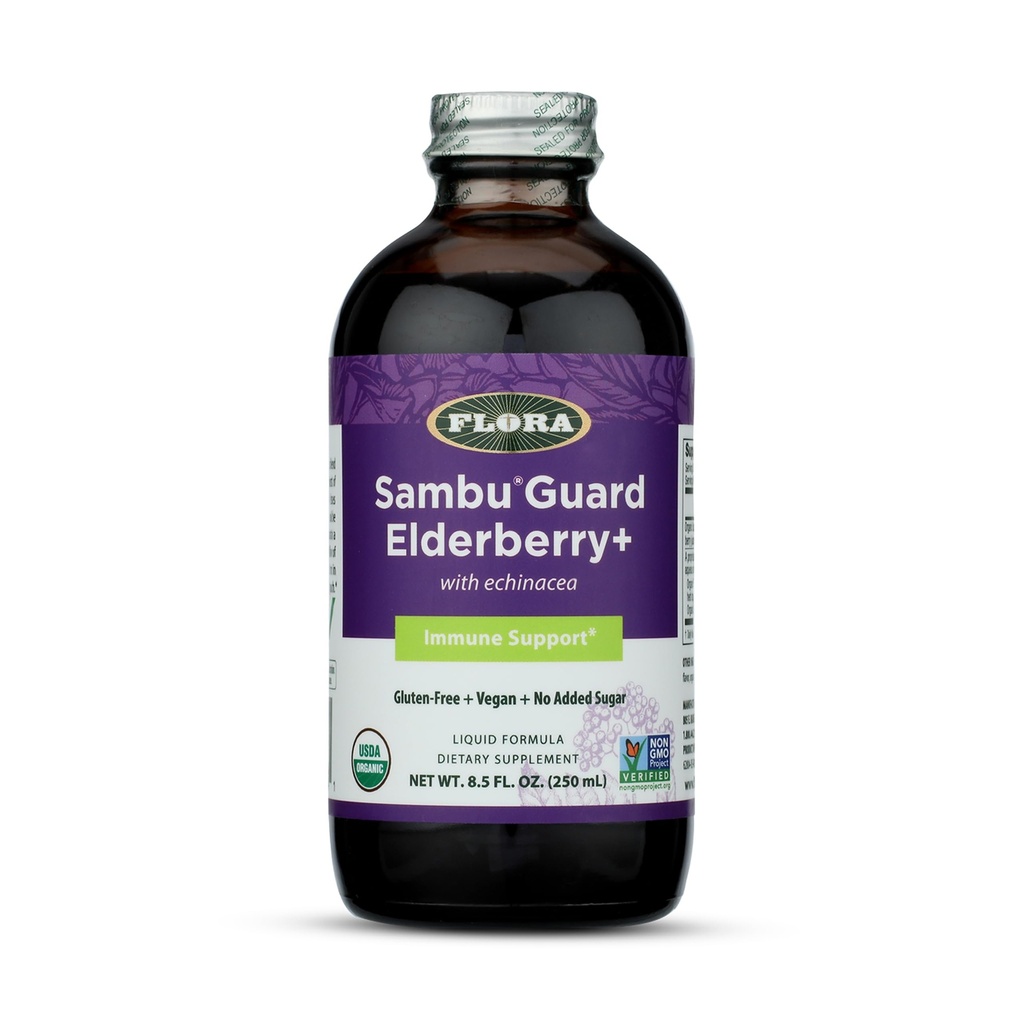 Flora Orgánica de Elderberry Syrup + 8.5oz - Booster Inmune con Echinacea, para Niños &amp; Adultos, No Añadido Sugar, Gluten Gratis, Vegan, SambuGuard