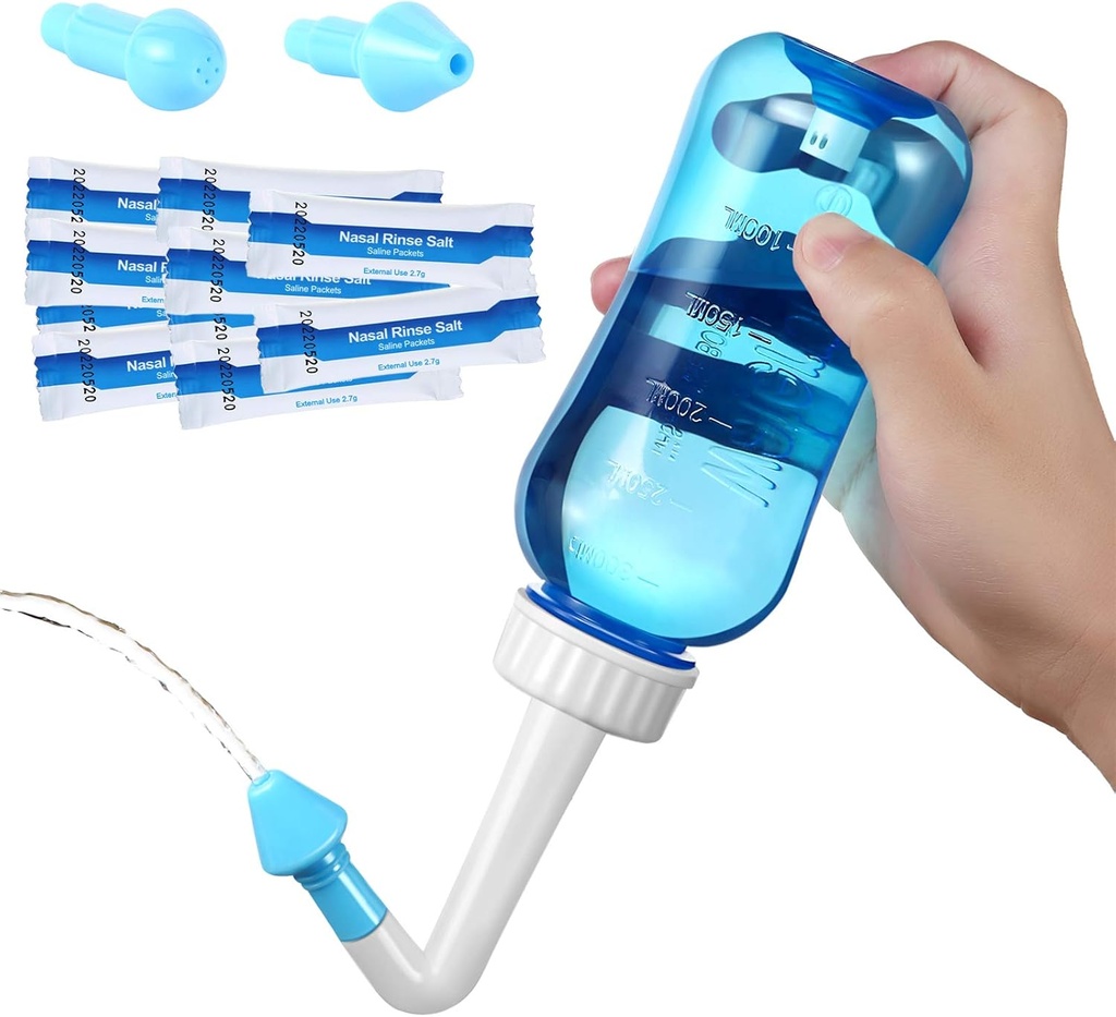 Carllg Neti Pot - Nasal Irrigation Lavabo con Sinus Rinse Sal para Adulto & Niño (300ml Botella con 30 Sal Packets)
