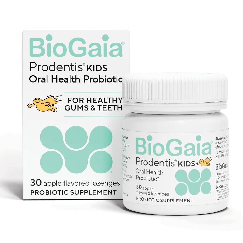 BioGaia Prodentis Kids ← Probióticos dentales para los dientes y las gomas tóxicos promueve la buena salud oral " Gut Health Too TEN Oral Probiotics TEN 30 Apple-Flavored Lozenges TEN 1-Pack