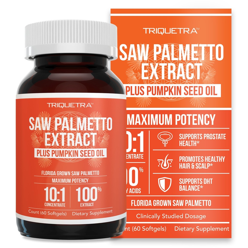 Saw Palmetto Extract – 10X Potency, Pharmaceutical Grade Strength - Plus Pumpkin Seed Oil - Apoya la salud de la próstata, Alivia los problemas de orina, apoya el crecimiento del cabello, DHT Blocker – 60 Softgels