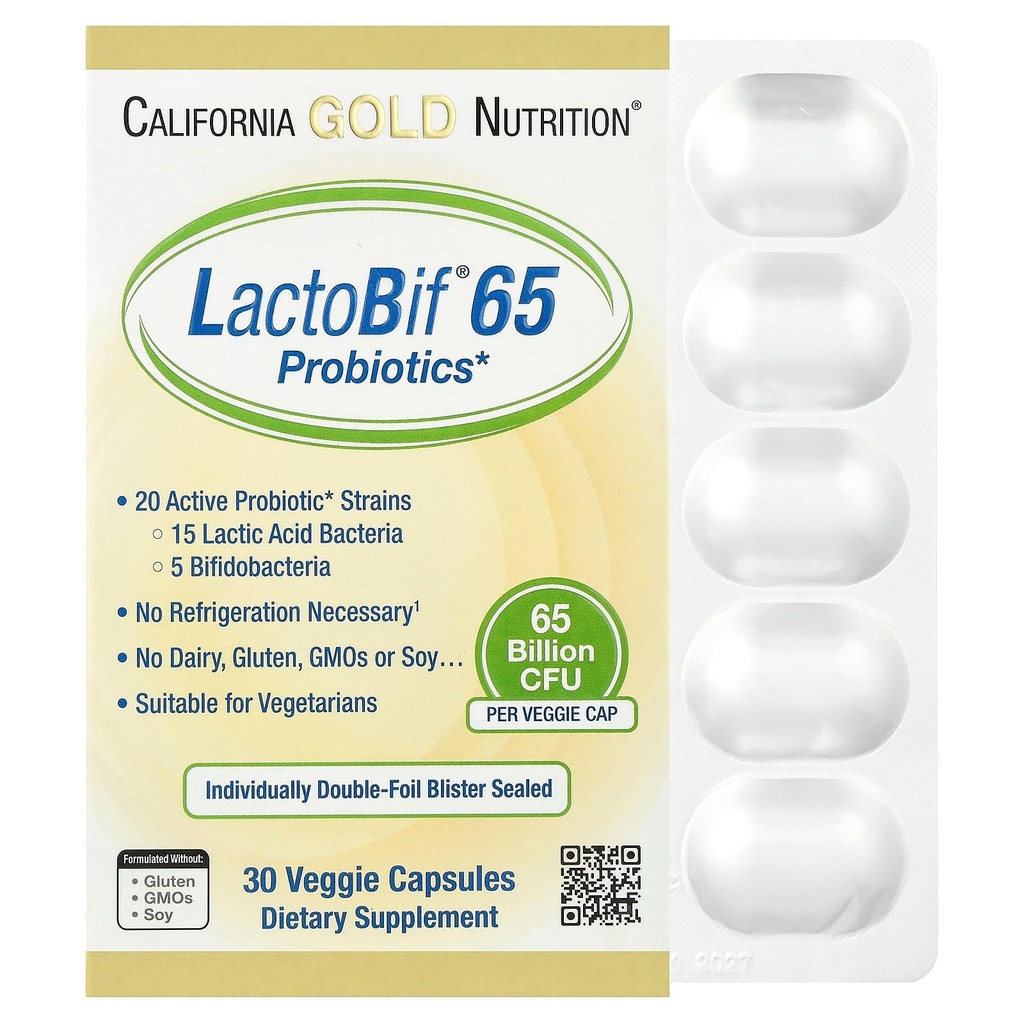 LactoBif Probiotics, 65 Bllion CFU, 20 Active &amp; Clinically Researched Probiotic Strains, Soy-Free, Sugar-Free, Vegetarian, Individually Double-foil Blister Sealed, 30 Veggie Capsules