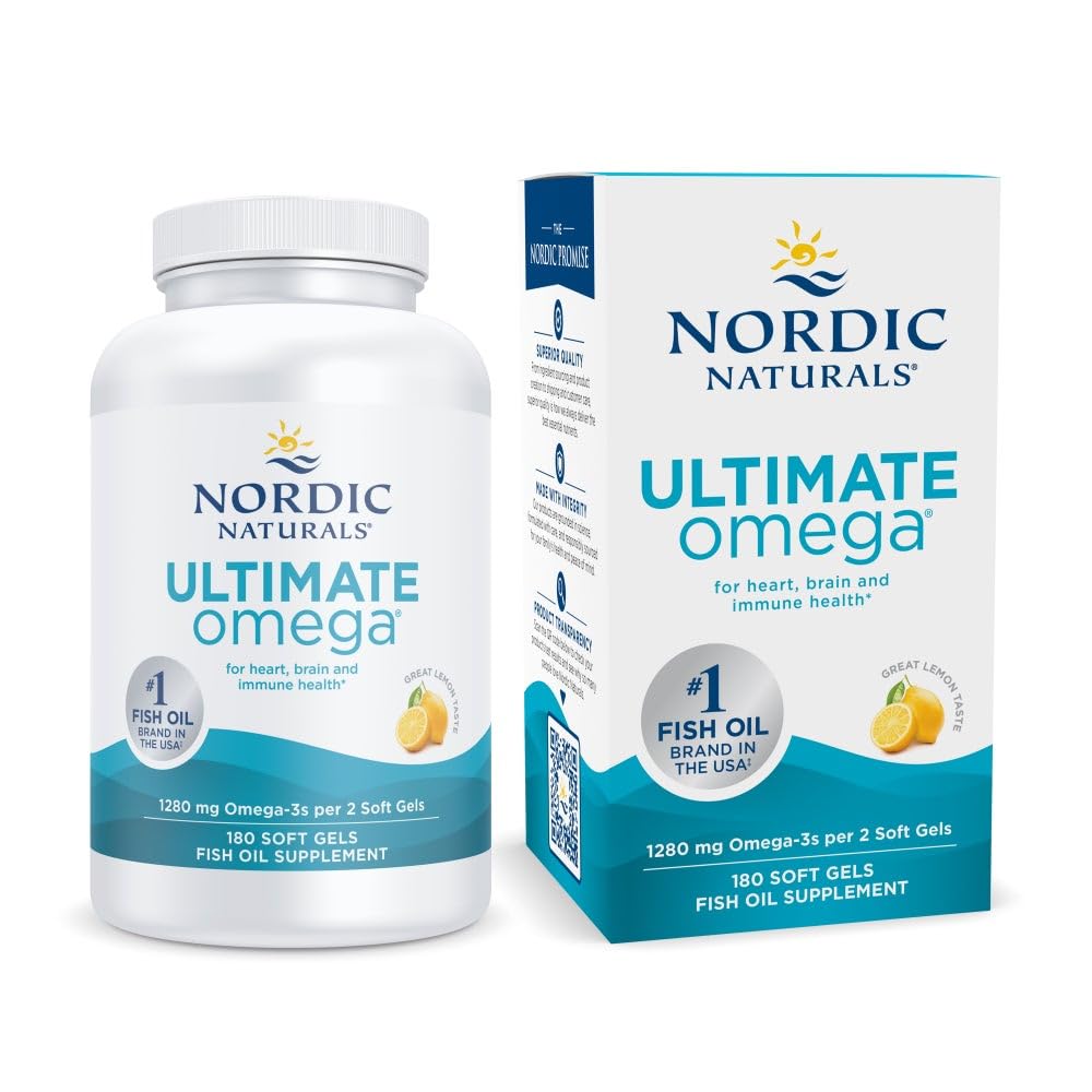 Nordic Naturals Ultimate Omega, Lemon Flavor - 180 geles blandos - 1280 mg Omega-3 - Aceite de pescado de alta potencia con EPA & DHA - promueve la salud del cerebro y del corazón - No GMO - 90 Servimientos
